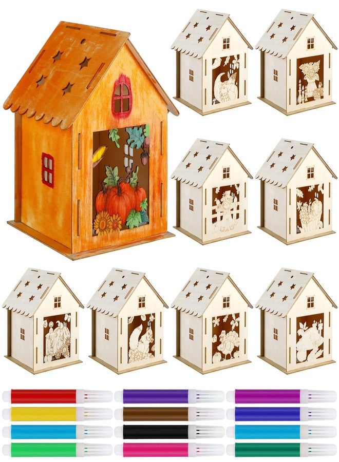 Soaoo 9 Sets Thanksgiving Wooden House with 12 Pcs Watercolor Pens Fall Wooden Houses for Crafts Kids' Wood Craft Kits for Thanksgiving Party Supplies DIY Paint Art - Image 1